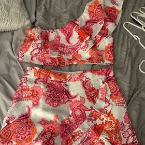 One Shoulder Paisley Skirt Set